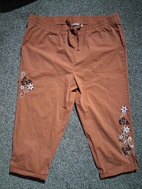 Women's Rust Embroidered Capri Pants - Comfortable Drawstring Waist